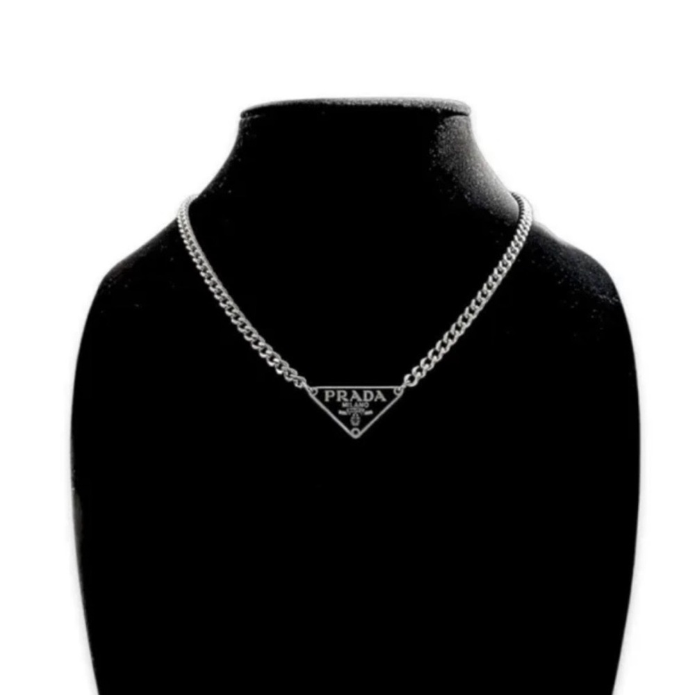 Prada Silver and Black Triangle Pendant Necklace - Picture 3 of 4